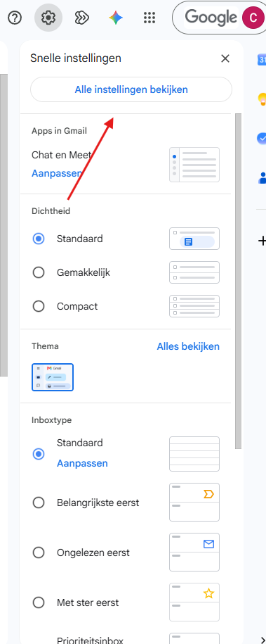 Het paneel Snelle instellingen met een pijl naar de knop Alle instellingen bekijken