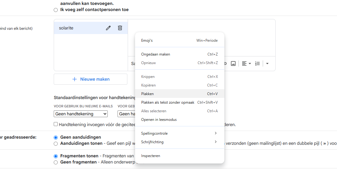 Het rechtermuismenu in het handtekeningvak met de optie Plakken gemarkeerd
