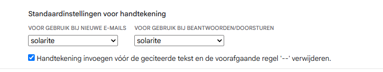 De twee keuzelijsten voor nieuwe e-mails en voor beantwoorden, allebei op solarite