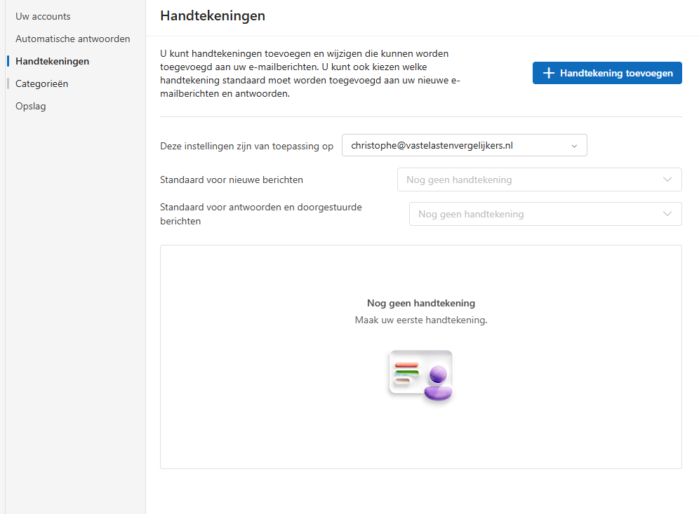 Het scherm Handtekeningen met de keuzelijst voor het e-mailadres en de knop Handtekening toevoegen