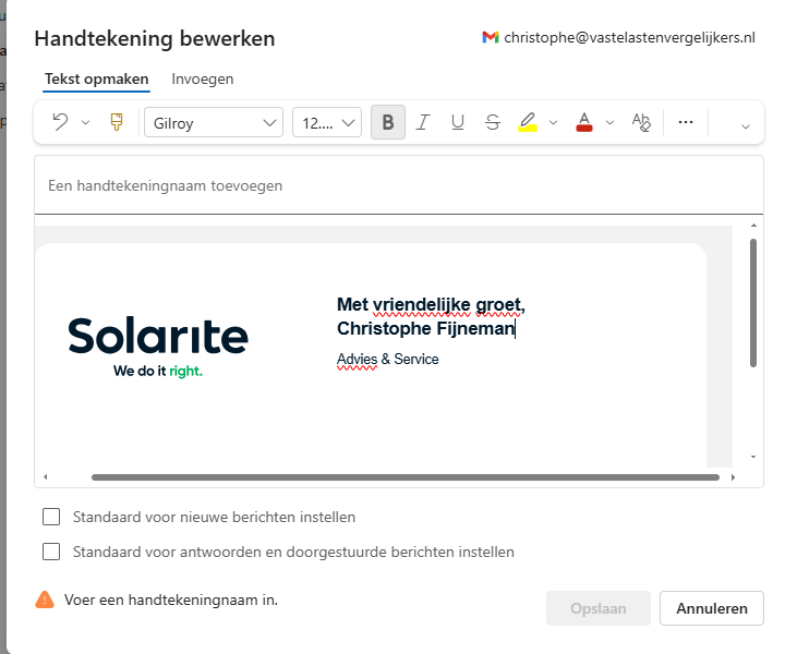 De geplakte handtekening in het venster, met de naam ingevuld